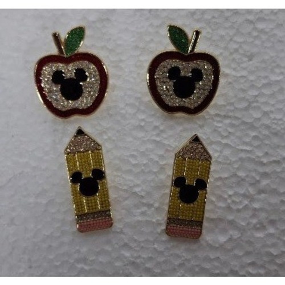 Disney BaubleBar Mickey Mouse Apple and Pencil Stud Earring Set Gold Tone Pavé